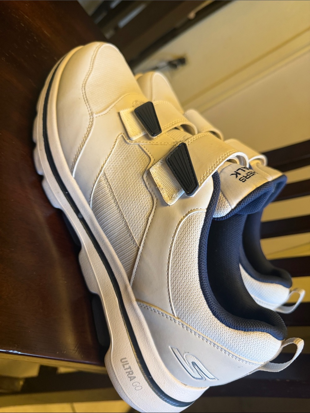 Skechers Men's White and Navy Velcro Walking Sneakers